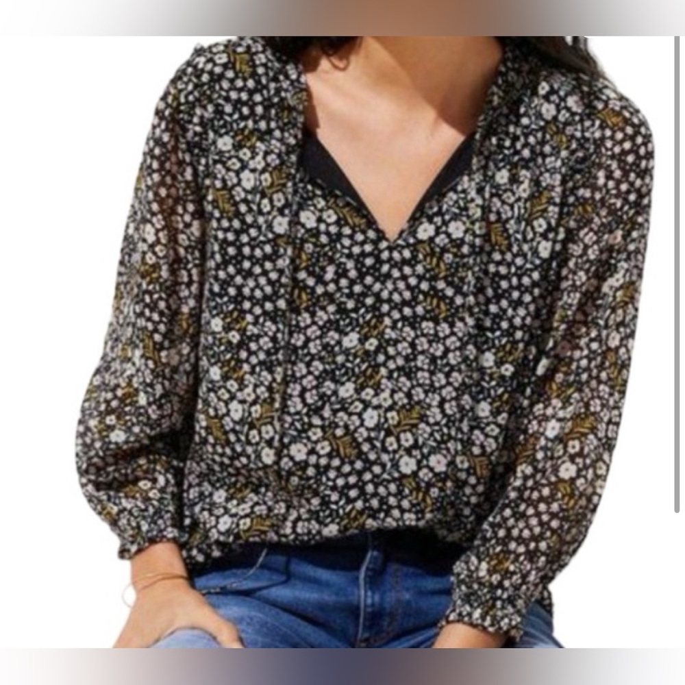 LOFT Women's Floral Print V-Neck Sleeveless Blouse Top Black‎ Yellow White M